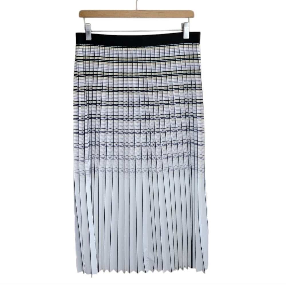 Adrianna Papell Ivory Black Gray Yellow Pleated Striped Midi Skirt Medium NWT